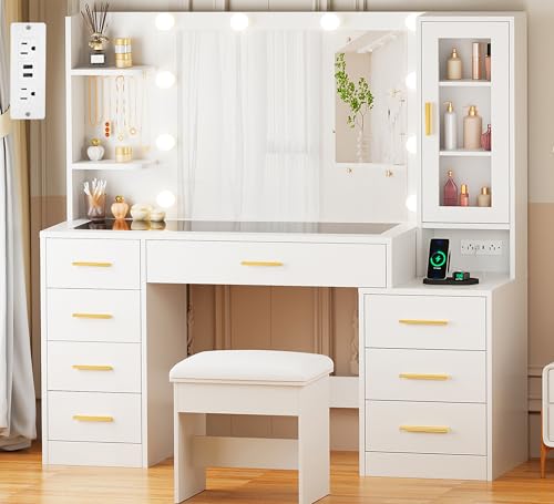 ANWBROAD 49.2" Large Vanity Desk with Mirror and Lights White Makeup Vanity Desk with Glass Top and Power Outlet 8 Drawers Nightstand 5 Hooks Vanity Table with Stool for Bedroom Women Girls UBDT88W ANWBROAD