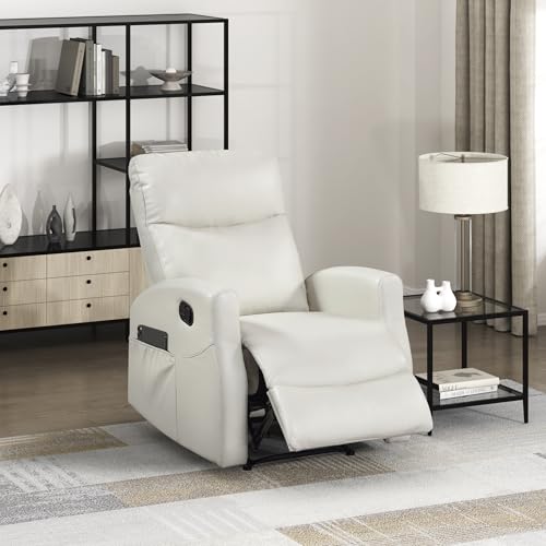 Lexicon Manual Recliner Chair, Wall Hugger Reclining Chair, Faux Leather Nursery Recliner, Tab Pull Reclining, Magazine Pocket, for Living Room/Theater Seating/Apartment, Easy Assembly, Beige