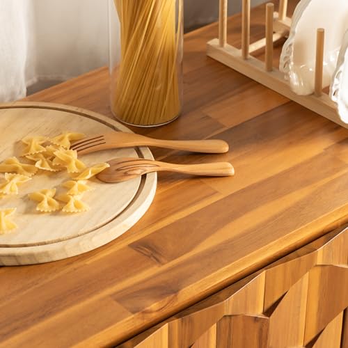 Bme Sideboard Georgina Solid Wood 2 Doors & 3 Drawers, 61'' Mid Century Modern Cabinet with Geometric Pattern for Kitchen, Dining, Living Room, Teak Bme