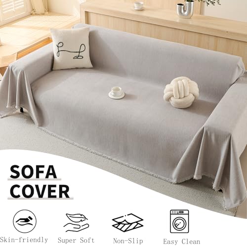 100% Waterproof Couch Cover Sofa Covers for Sectional Couches Reclining Armseat/Chair/Futon Sofa SlipCover for Dog Pet-Friendly Furniture Protector for Living Room with Tassel(91" x 134", Light Gray) TieyaChkis