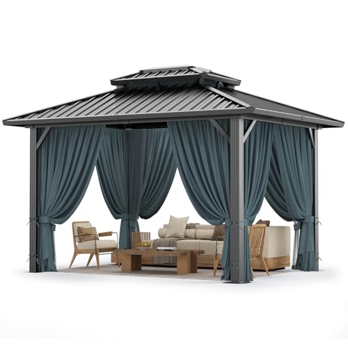 HOTEEL 10x12ft Hardtop Gazebo Heavy Duty Gazebo with Galvanized Steel Double Roof, Flame-Retardant Curtains and Netting, Aluminum Frame Permanent Outdoor Pavilion for Patio, Lawns and Backyar - WoodArtSupply