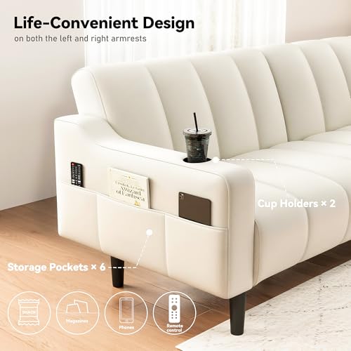 Chfeloai 80'' Futon Sofa Bed, Faux Leather Sleeper Couch, Convertible Loveseat with Adjustable Sofa Backrest, Modern Couches for Living Room, Bed Room, Apartment, Office (Beige) Chfeloai