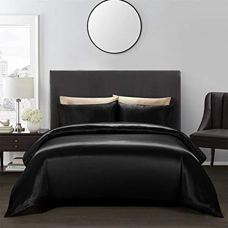 AiMay 3 Piece Satin Duvet Cover Set Bedding Sets Queen Black 1800 Series Luxury Rich Silk Silky Super Soft Solid Color Reversible Zipper Closure Sexy Honeymoon Wrinkle Free (Queen, Black) AiMay