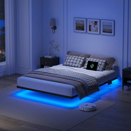 YORMDMO Floating Bed Frame Full Size, Heavy Duty Bedframe with Smart LED Lights & Charging Station, Modern Metal Platform Bed, Easy Assembly No Box Spring Needed, 8 Inch YORMDMO