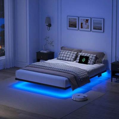 YORMDMO Floating Bed Frame Full Size, Heavy Duty Bedframe with Smart LED Lights & Charging Station, Modern Metal Platform Bed, Easy Assembly No Box Spring Needed, 8 Inch