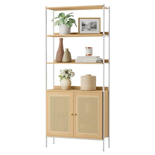 Boho-Style 6-Tier Bookcase with Rattan-Like Door, Freestanding Oak Beige and Pearl White Storage Shelf by VASAGLE - WoodArtSupply