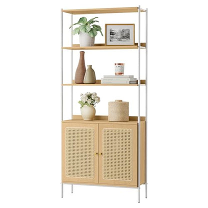 Boho-Style 6-Tier Bookcase with Rattan-Like Door, Freestanding Oak Beige and Pearl White Storage Shelf by VASAGLE - WoodArtSupply