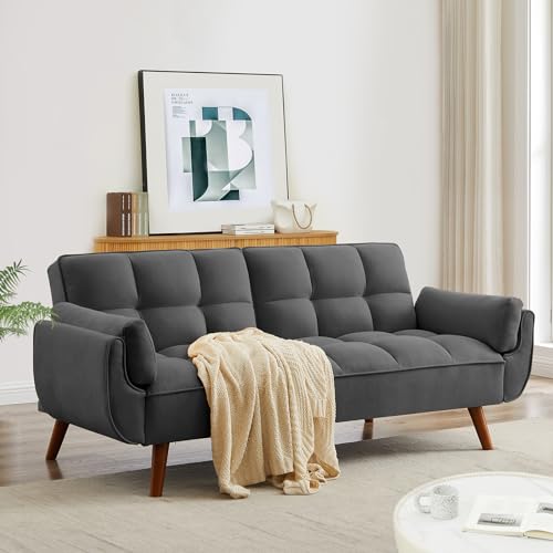 Homies Life Convertible Futon Sofa Bed, Linen Sleeper Couch, 75" W Modern 3 Seater Tufted Sofa with Solid Wood Legs and Adjustable Backrests for Small Spaces, Living Room, Bedroom, Dark Gray Homies Life