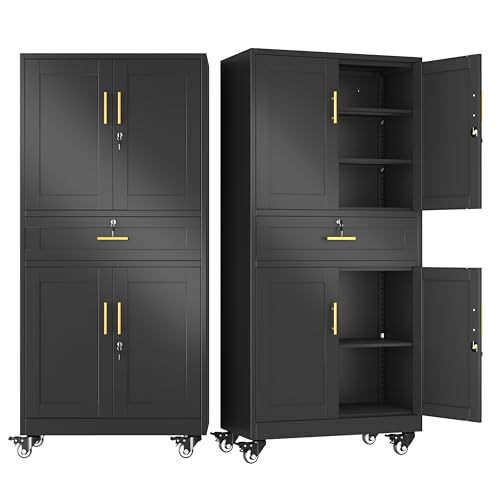 winiowa 71" Tall Metal Garage Storage Cabinet with Wheels and Locking Doors, Locking Rolling Tool Cabinet with Drawer and 3 Adjustable Shelves for Garage,Home,Office (Black) winiowa