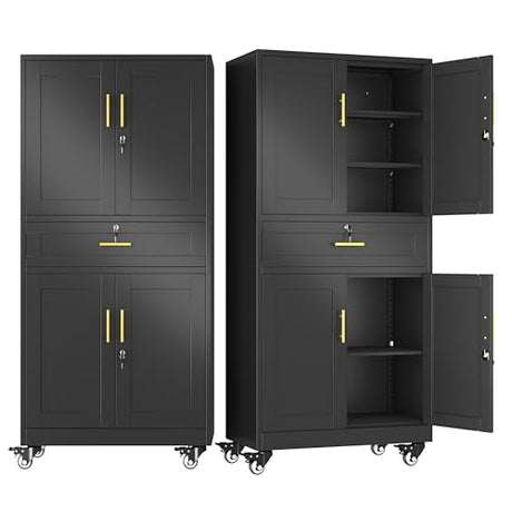 winiowa 71" Tall Metal Garage Storage Cabinet with Wheels and Locking Doors, Locking Rolling Tool Cabinet with Drawer and 3 Adjustable Shelves for Garage,Home,Office (Black) winiowa