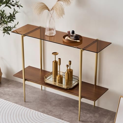 LumFurn Glass Console Table for Living Room, Foyer & Entrance, 2-Tiers Mid-Century Modern Sofa Table with Amber Glass Top, Walnut Finish Wood Shelf and Gold Finish Frame LumFurn
