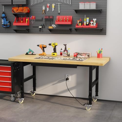 Pelnuies 60" Work Bench with Wheels, Adjustable Height Workbench with Drawers, Heavy-Duty Thick Wood Work Table with Power Outlets, 2000 LBS Capacity Workstation for Garage, Workshop, Office, Home Pelnuies