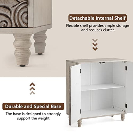 COSIEST 32" W Sideboard Buffet Cabinet with Storage, Accent Cabinet with 2 Push-to-Open Magnetic Doors, Vintage MDF Buffet Table for Living Room, Kitchen, Hallway (Gray,Flower Pattern) COSIEST