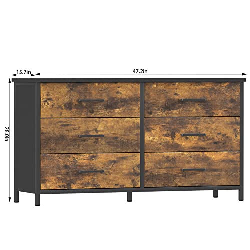 IKENO 6 Drawer Dresser, Industrial Wood Storage Dressers & Chests of Drawers with Sturdy Steel Frame, Storage Dresser for Bedroom Wood (Rustic Brown) - WoodArtSupply