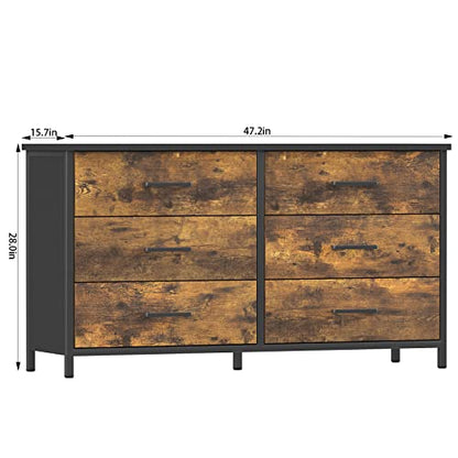 IKENO 6 Drawer Dresser, Industrial Wood Storage Dressers & Chests of Drawers with Sturdy Steel Frame, Storage Dresser for Bedroom Wood (Rustic Brown) - WoodArtSupply