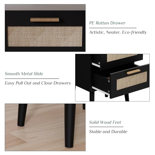 Ltysh Nightstand with Charging Station,2 Set Rattan Night Stand with Solid Wood Legs, Bedside Table with USB Ports & Outlets Bed Side Table,End Table for Bedroom,Living Room(Black-Set 2) Ltysh