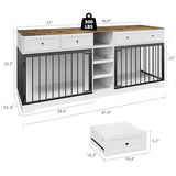 GarveeHome 82" Double Dog Crate Furniture, Large Dog Kennel Indoor for 2 Dogs, Heavy Duty Wooden Dog Crate TV Stand with 4 Drawers and Shelves, White/Brown GarveeHome