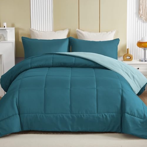 Exclusivo Mezcla Lightweight Reversible Twin Size Comforter Set, Down Alternative Comforter with 1 Pillow Sham, Twin Size Bedding Set for All Seasons, Dusty Teal/Aqua Blue Exclusivo Mezcla