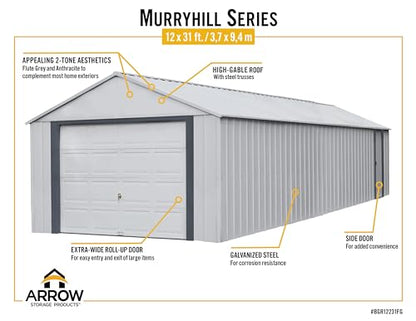 Arrow Shed 12' x 31' Murryhill Garage Galvanized Steel Extra Tall Walls Prefabricated Shed Storage Building, 12' x 31', Flute Gray - WoodArtSupply