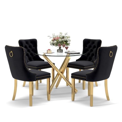 HAIZAO 5 Pieces Gold Round Glass Dining Table Set, Modern Luxury Circle Kitchen Set for 4, 36'' Clear Minimalist Circular Glass Top Dinner Room Set, Black High-end Tufted Chairs, for Small Place HAIZAO