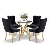 HAIZAO 5 Pieces Gold Round Glass Dining Table Set, Modern Luxury Circle Kitchen Set for 4, 36'' Clear Minimalist Circular Glass Top Dinner Room Set, Black High-end Tufted Chairs, for Small Place HAIZAO