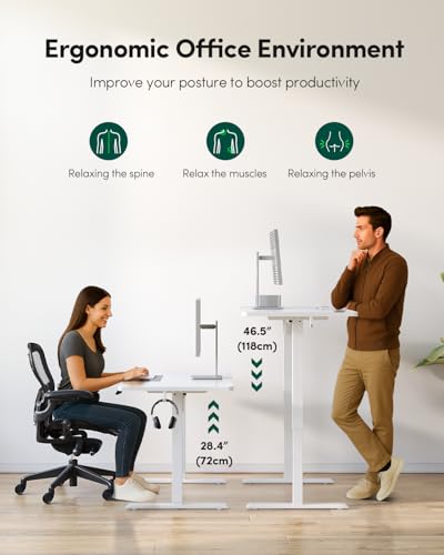 CubiCubi 55 x 24 Large One-Piece Standing Desk, Adjustable Height Electric Computer Home Office Sit Stand up Workstation, with 4 Memory Presets, Headphone Hook, White CubiCubi