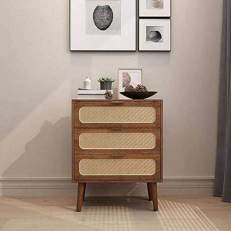 RARZOE Rattan Nightstand Dresser Chest of 3 Drawers, Wood Storage Dresser Cabinet Organizer Unit for Bedroom Living Room Closet Office(Walnut) RARZOE