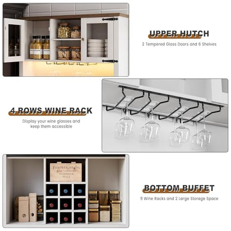 GarveeHome 72" Farmhouse Coffee Bar Cabinet with Sliding Barn Door, LED Lights & Power Outlets, Tall Kitchen Buffet Hutch with 3 Drawers & Wine Glass Rack, Ample Storage for Home Bar, White GarveeHome