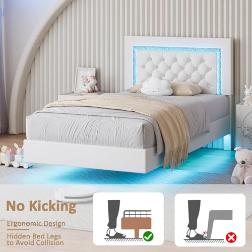 BarnFurin Floating Bed Frame Twin with LED Lights, Upholstered Platform Bed with Diamond Tufted Headboard, No Box Spring Needed, Noise Free, Easy Assembly, White BarnFurin