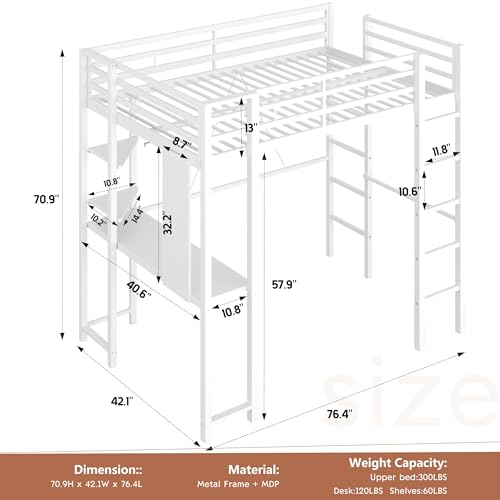 Shintenchi Twin Size Loft Bed with Desk, Metal Frame with 2 Side Ladders, Storage Shelves, Safety Guardrail, Noise Free & Anti-Tilt Design, Space-Saving for Kids/Teens/Adults, White Shintenchi