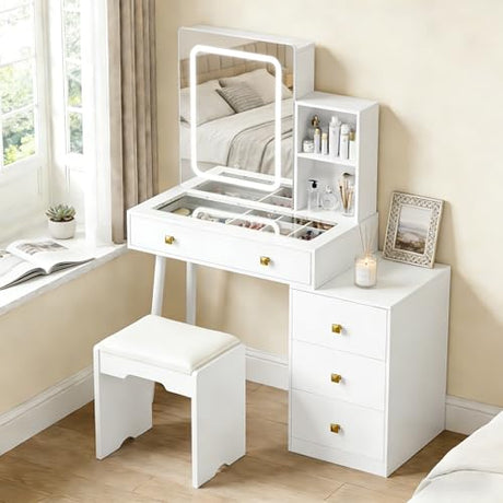 KAMABOKO Vanity Desk with LED Lights Mirror & Power Outlet, Small Makeup Vanity Table Set with 3 LED Lights Modes Adjustable Brightness,Dressing Table for Women and Girls Bedroom (055 White) KAMABOKO