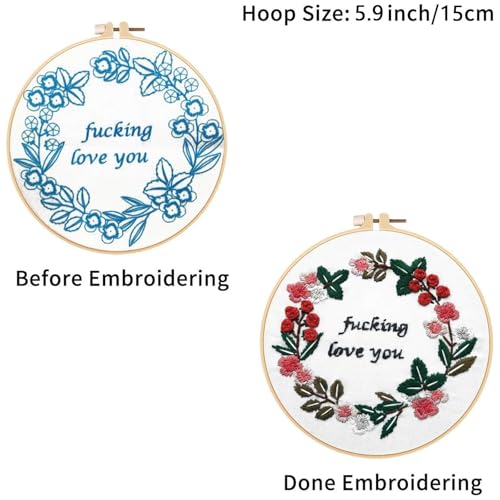 Louise Maelys Embroidery Starter Kit with 3 Hoops for Adults Funny Floral Wreath Pattern for Beginners Needlepoint Kits