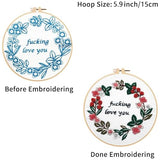 Louise Maelys Embroidery Starter Kit with 3 Hoops for Adults Funny Floral Wreath Pattern for Beginners Needlepoint Kits