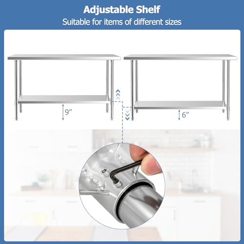 Goplus Stainless Steel Table, 60 x 24 Inches Kitchen Prep Table Work Table with Height Adjustable Under Shelf, Footpads, 900LBS Capacity, Food Prep Goplus