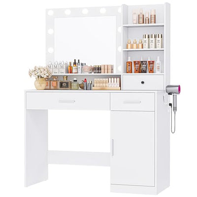 DUMOS Vanity Desk Makeup with Mirror LED Lights, White Table with Power Outlet 2 Drawer, 4 Storage Shelves Cabinet & 3 Lighting Mode Adjustable Brightness, Dressing Tables for Bedroom