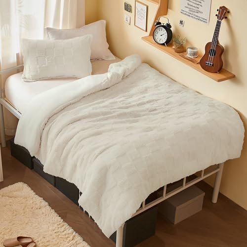 Joiedomi Tufted Twin Comforter Set, 2 Pieces Beige Boho Twin Bedding Set with 1 Plaid Geometric Comforter and 1 Pillow Sham, Checkered Bed in a Bag for All Seasons Joiedomi