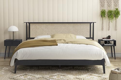 NTC Ruby Burnt Black Wooden Bed Frame with Natural Rattan Headboard, Silent Slats, and Solid Oak Foundation - King Size - WoodArtSupply