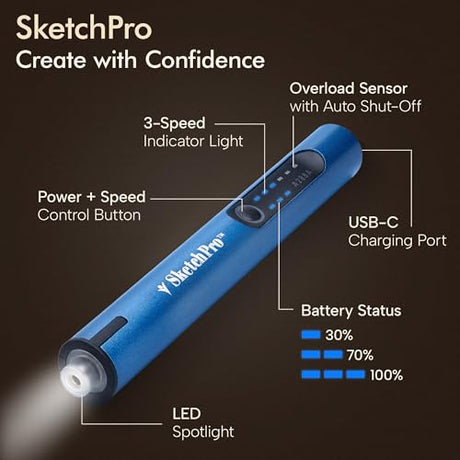 SketchPro Cordless Engraving Pen with LED Light – 3-Speed Precision Etching Tool for Wood, Metal, Glass & Plastic – USB-C Rechargeable, 26 Accessories – Ideal for DIY, Jewelry & Craft Projects Calavive
