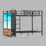 Itaar Metal Bunk Bed Twin Over Twin with Hall Tree, Power Outlet, LED Bunk Bed with 4 Storage Drawers, Bed with Safety Guardrail & Ladders, No Box Spring Needed, Easy Assembly, Rustic Brown Itaar