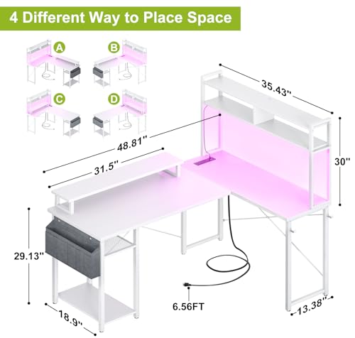 Besiost Small L Shaped Desk Gaming Desk with Power Outlets, 48" Reversible L Shaped LED Computer Desk with Monitor Stand & Storage Shelf, Corner Gamer Desk Home Office Desk with Storage Bag, White Besiost