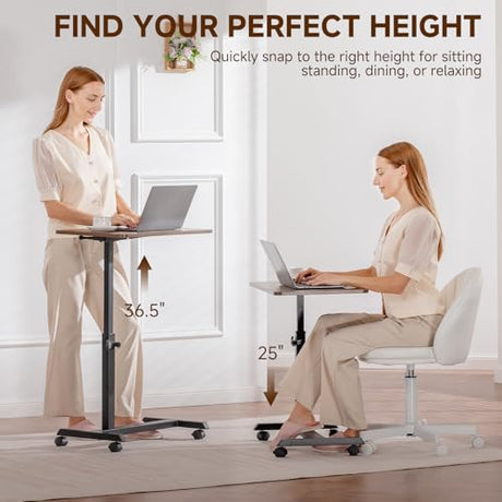 GTPLAYER Small Standing Desk, 24 Inches Mobile Foldable Rolling Laptop PC Table with Lockable Casters, Adjustable Height Overbed Bedside Table Computer Workstation for Home Office, Walnut GTPLAYER