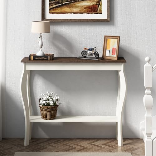 ChooChoo Narrow Farmhouse Console Table, Chic Accent Sofa Table, Entryway Table, Antique White & Brown