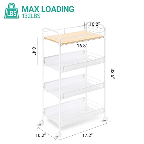 KINGRACK 4-Tier Rolling Cart,Metal Utility Cart with Wooden Tabletop,Easy Assemble Mobile Storage Trolley On Wheels,Craft Storage Cart for Bedroom Kid's Room Office Kitchen Bathroom,White KINGRACK