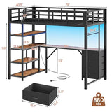 UPOSOJA Loft Bed Twin Size with L Shape Desk,4 Drawers,3-Tier Storage Shelves Metal Loft Bed Frame with Power Outlet and LED Lighted,No Box Spring Needed,Space-Saving,Noise Free,Brown & Black UPOSOJA