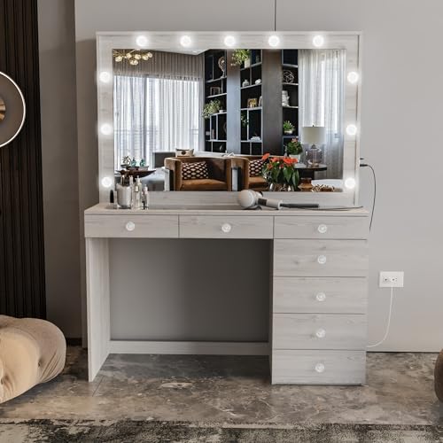 Boahaus Silvana LARGE Farmhouse Makeup Vanity Desk with Lights, 7 Drawers, Makeup Desk with Mirror, Greige Vanity Mirror with Lights Built-in, Power Outlet, Crystal Ball Knobs, 58.2''Hx47.3''Wx16.9''D