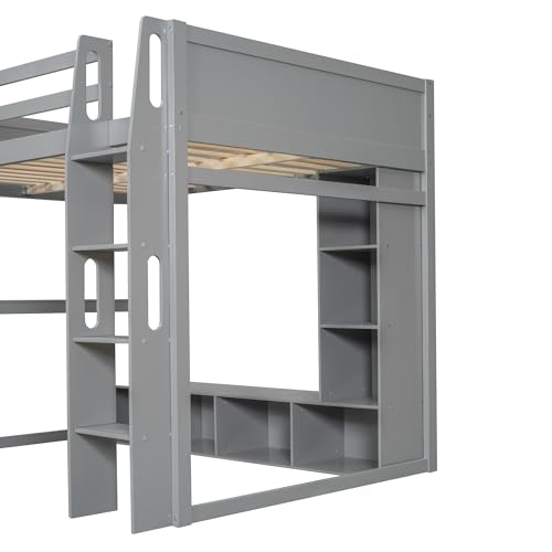 Full Size Gaming Loft Bed with Desk & RGB Light & Open Wardrobe,Wooden Loft Bed Frame with Storage Shelves,Safety Guardrails,Ladder and Under Bed play Space for Teens Adults,No Box Spring Needed,Grey Harper & Bright Designs