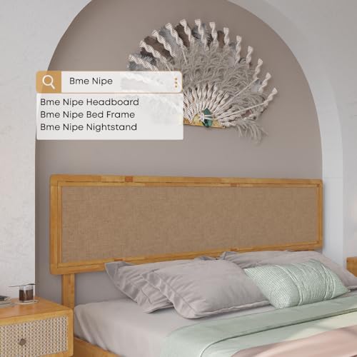 Bme Nipe 14 Inch Bohemian Queen Bed Frame with Adjustable Woven Headboard in Natural Acacia Wood Bme