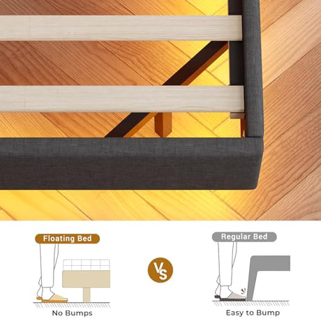 BTHFST Floating Bed Frame Full Size with Type-C Charging Station & Storage Headboard, RGB Floating Platform Bed, No Box Spring Needed, Wooden Slats Support, Dark Grey BTHFST