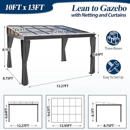 COVERONICS 10' X 13' Outdoor Polycarbonate Hardtop Gazebo - Wall-Mounted Aluminum Frame Gazebo with Slope Roof, Heavy-Duty Lean to Gazebo Pergola with Netting & Curtains for Rainy Day, Sunlig - WoodArtSupply