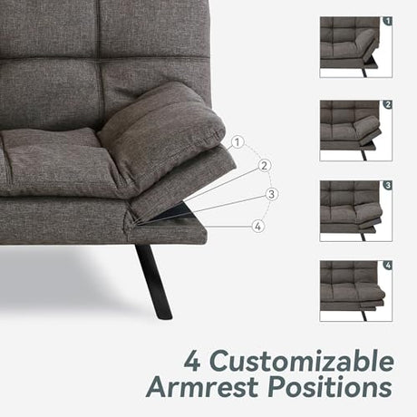 AMICLIBER Futon Sofa Bed Convertible Couch, Grey Linen Sofa Bed with Memory Foam, Adjustable Backrest & Armrests, Multifunctional Small Loveseat Sleeper Sofa for Living Room, Apartment, Office AMICLIBER